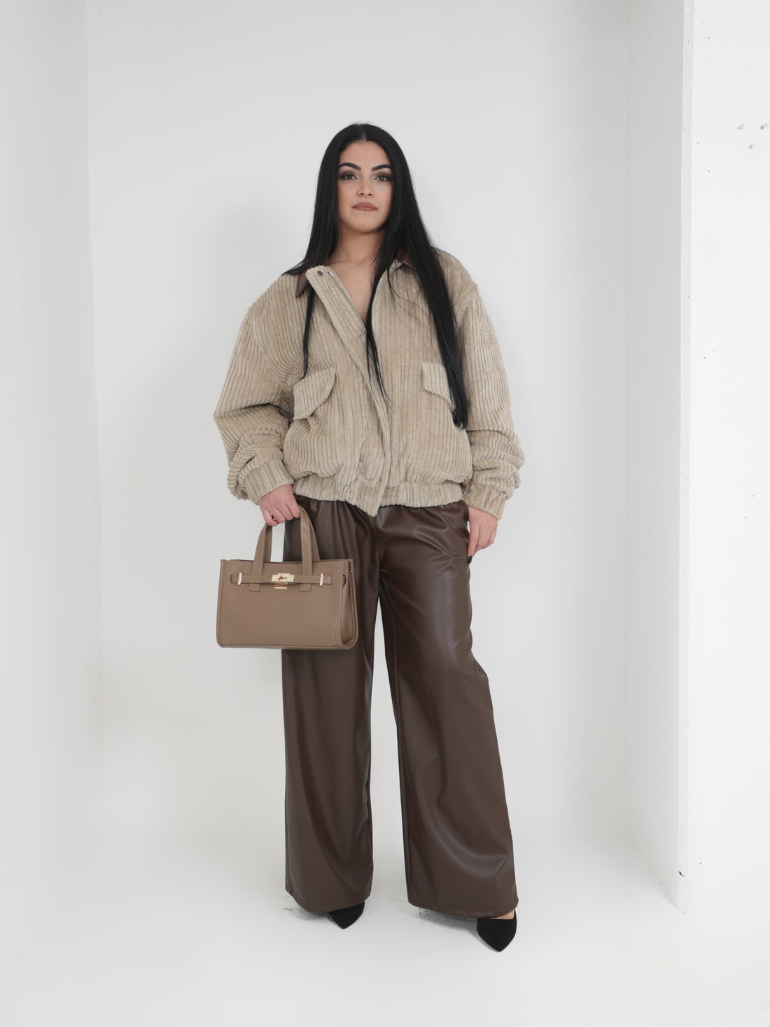 Giubbino LUMINA  a costine in velluto con collo in pelle marrone