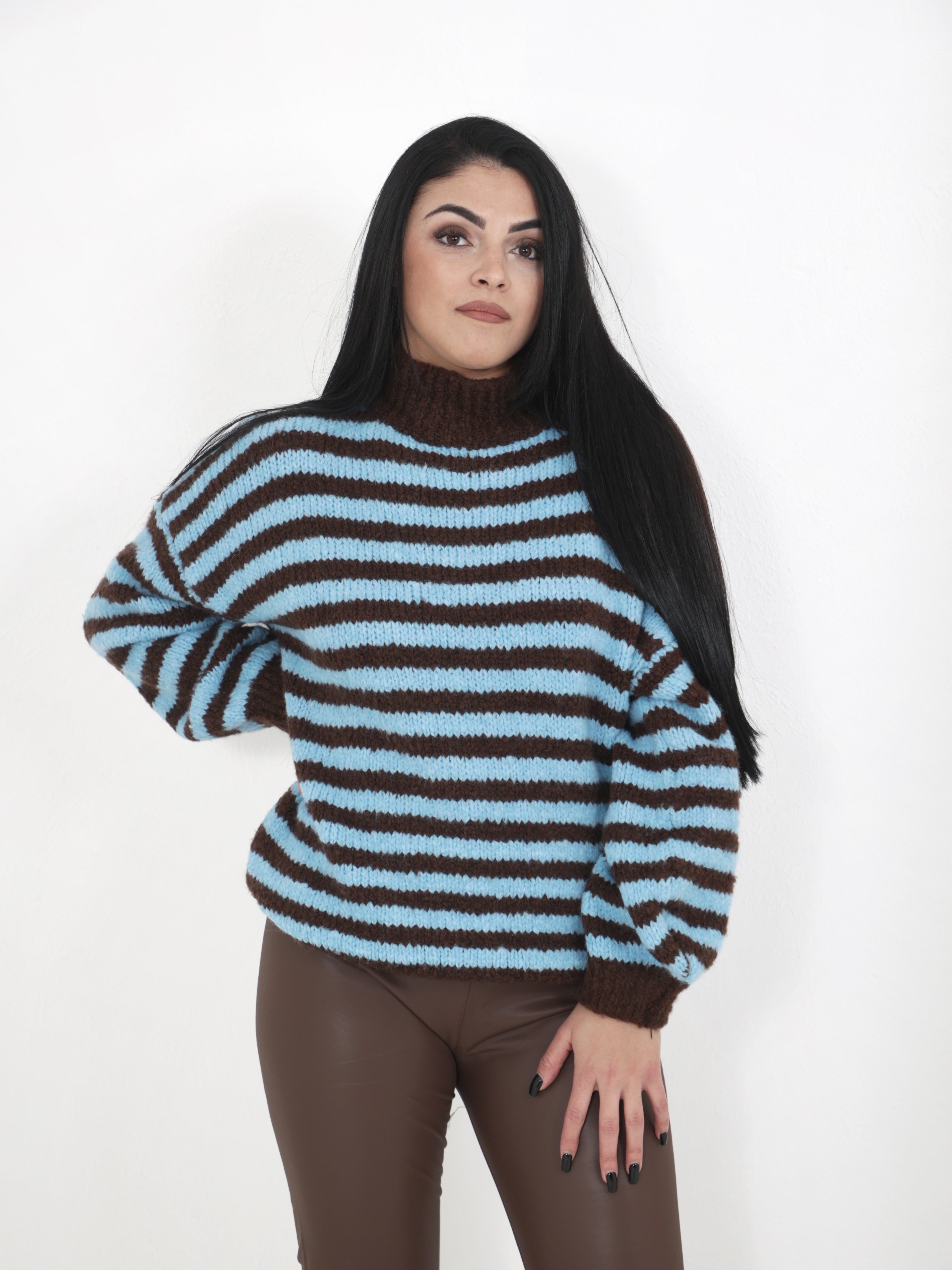 Pullover a strisce marrone/celeste