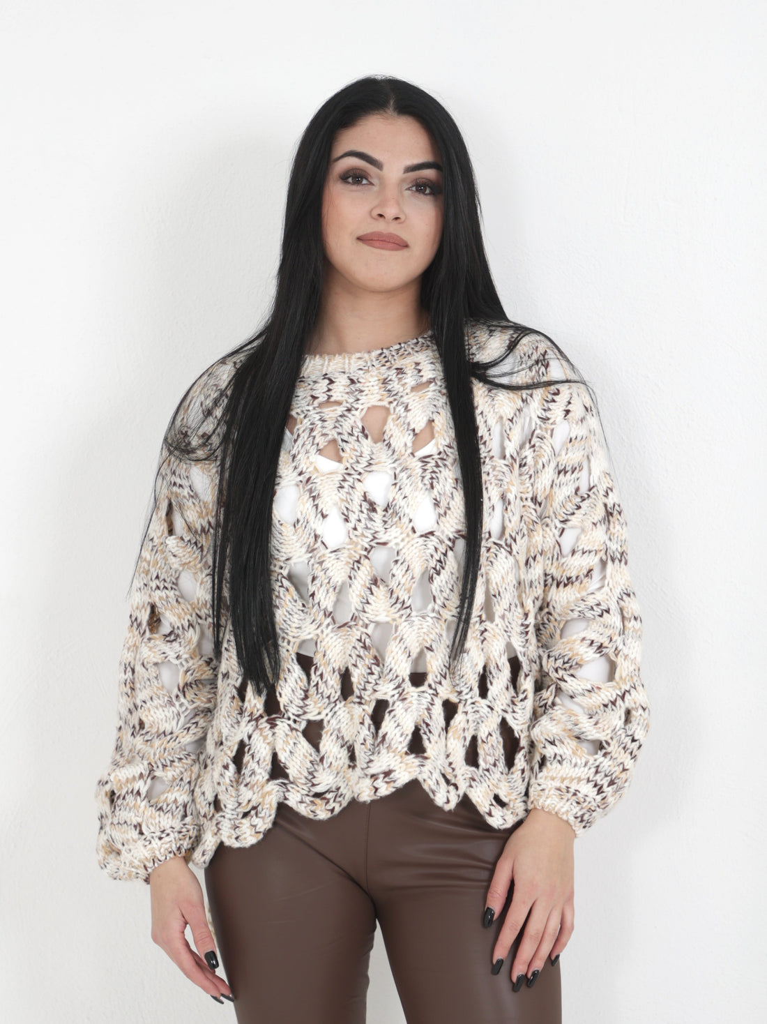 Maglione traforato top quality panna/marrone