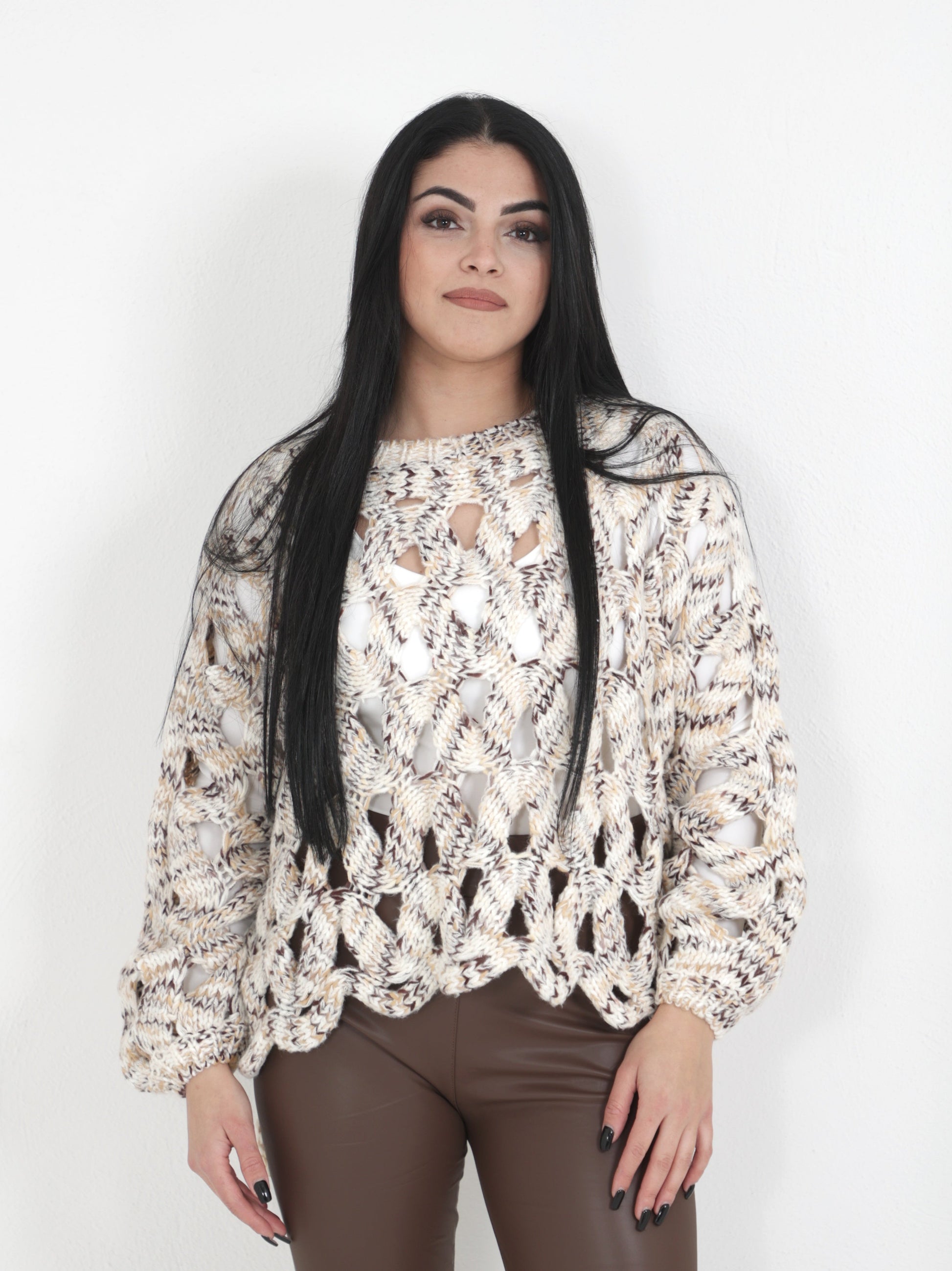 Maglione traforato top quality panna/marrone