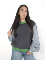 Sweater with denim sleeves